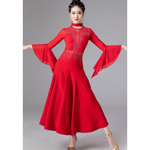 Black red gemstones competition ballroom latin dance dress for women girls long flare sleeves stage perfromance waltz tango long gown for female